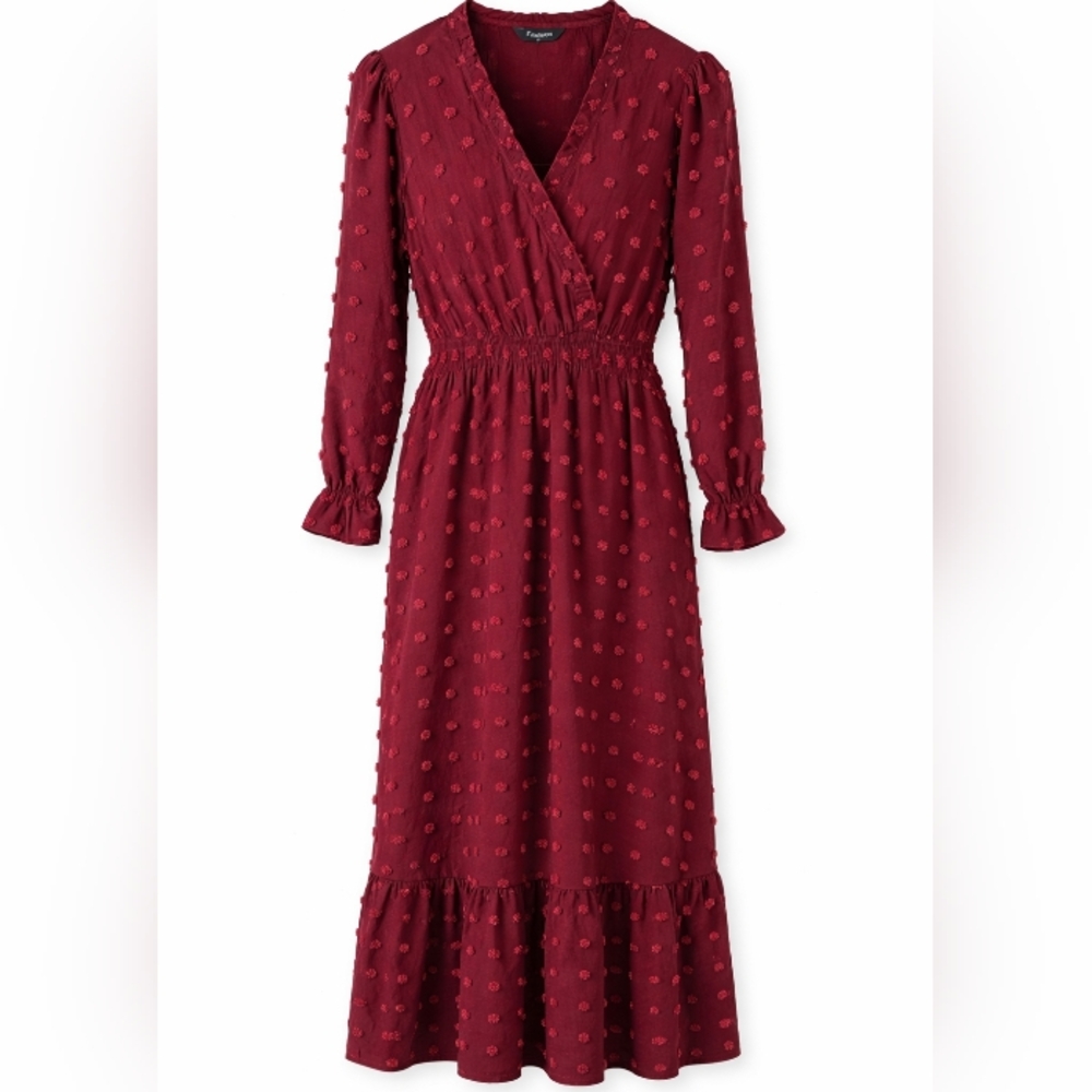 BTFBM Burgundy Swiss Dot Maxi Dress Long Sleeve V Neck Ruffle NWT Size M